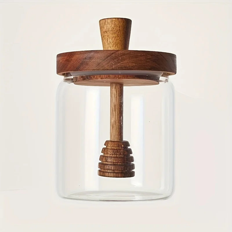 Glass Honey Jar with Wooden Dipper and Lid Syrup Storage Container