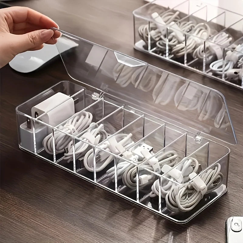Clear Cable Organizer Box Desktop Cord Storage and Charging Station