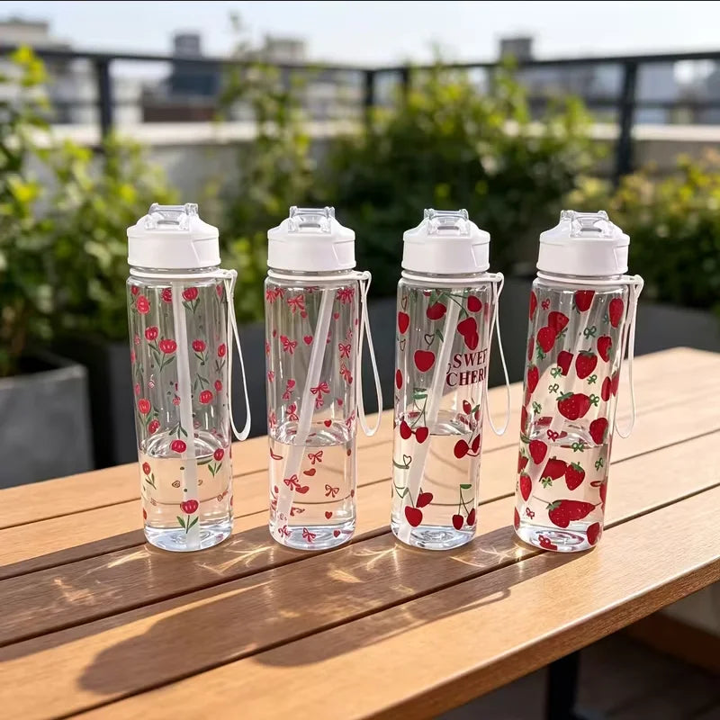 750ml Floral Strawberry Water Bottle Leak Proof Straw Tumbler with Handle - 9