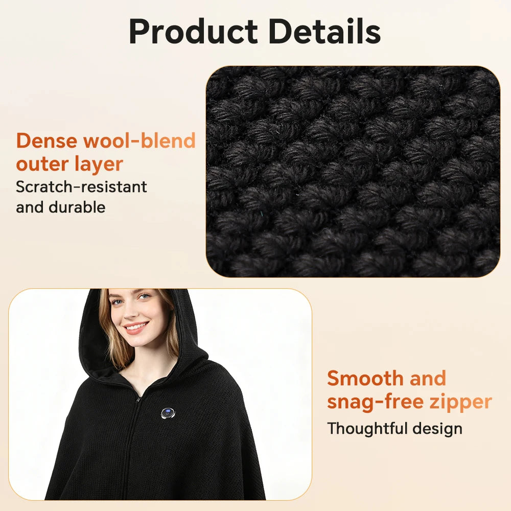 Graphene Heated Shawl Wearable USB Blanket Hooded Wrap - 12