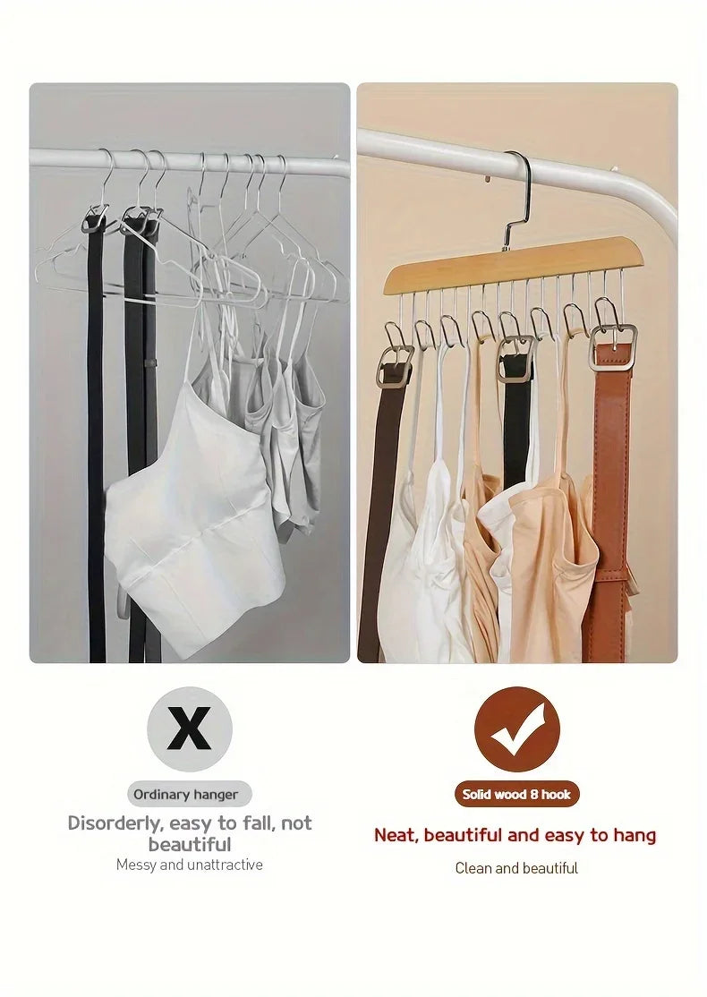 8 Hook Wooden Closet Organizer Rack for Belts Ties and Accessories - 8