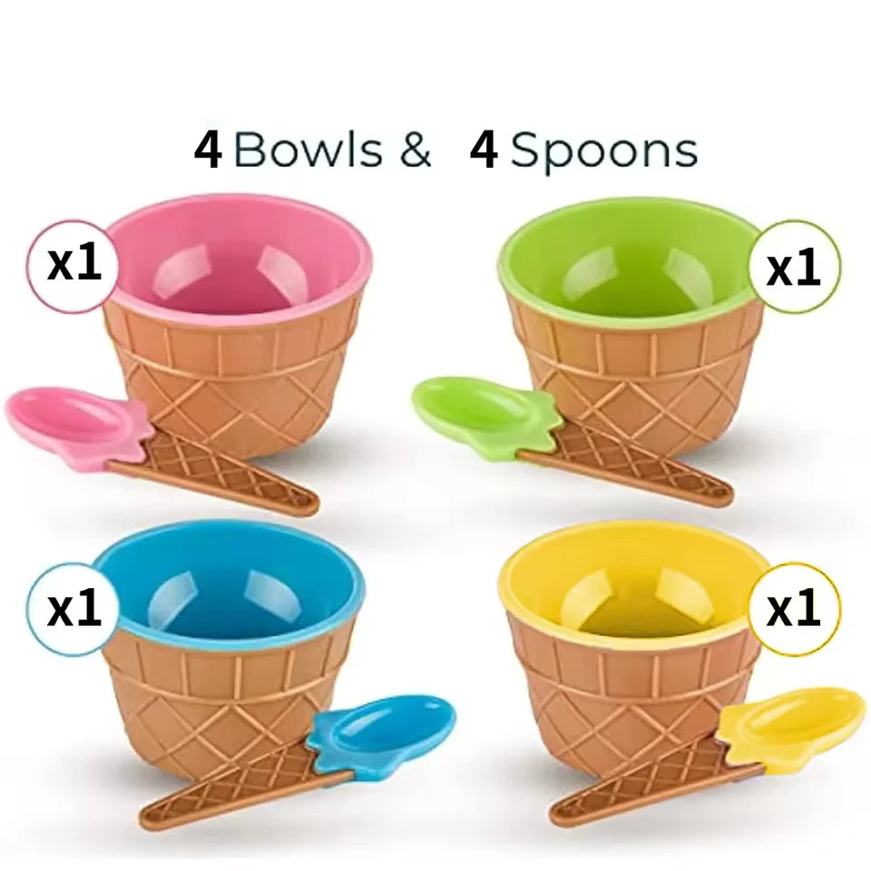 4 Piece Ice Cream Bowls and Spoons Set Dessert Sundae Serving Kit