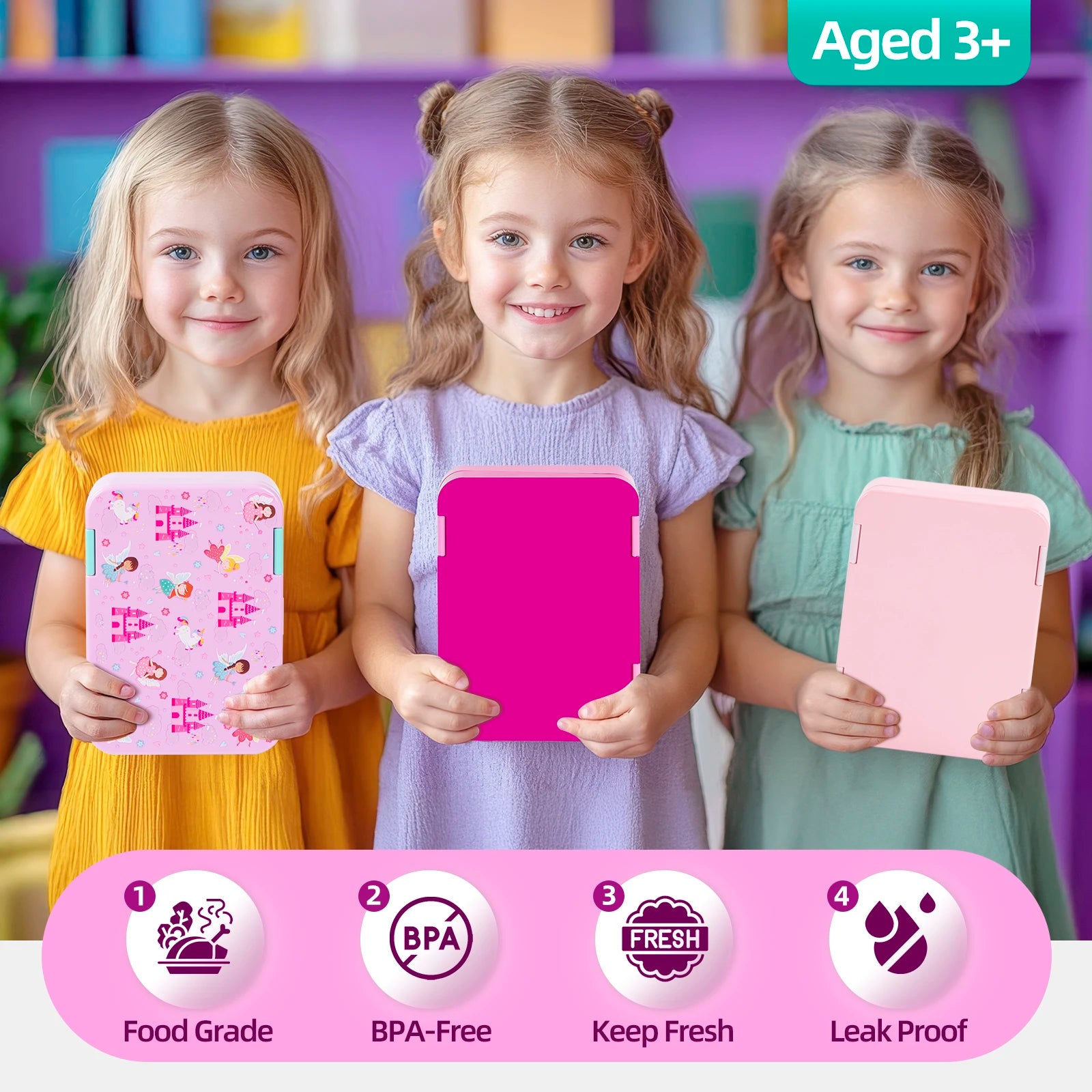 Kids Bento Box Divided Lunch Container Leakproof School Food Box 1180ml