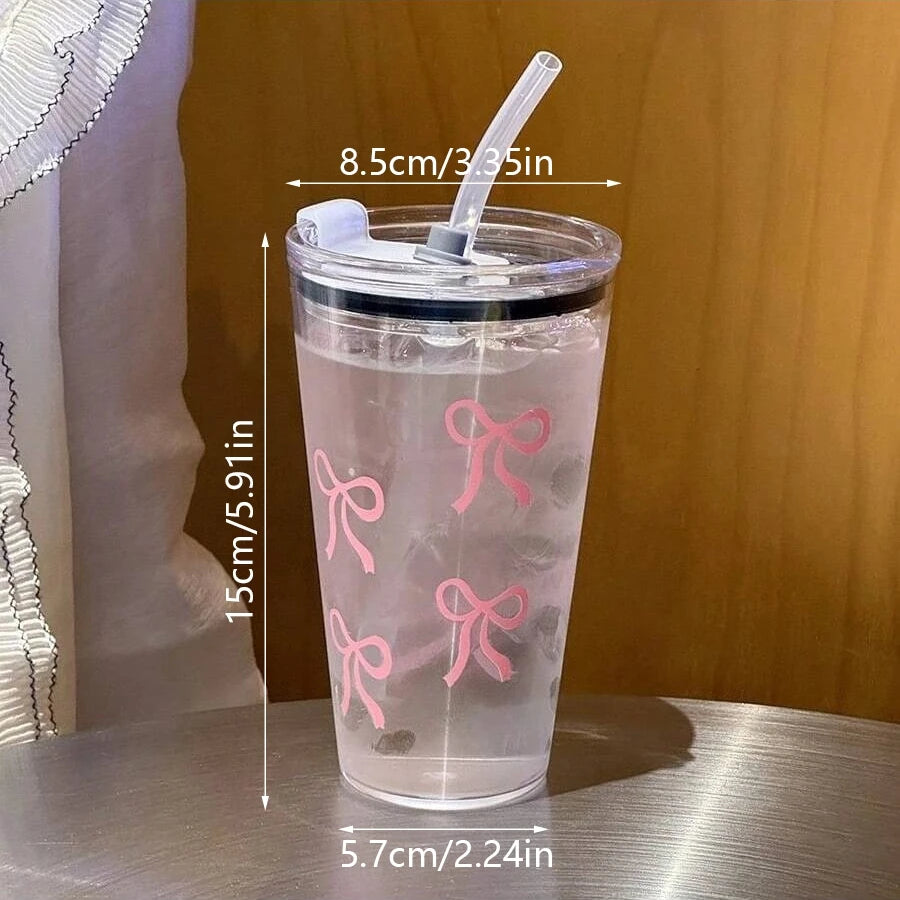 Pink Bow Plastic Tumbler with Straw and Lid Transparent Drink Mug