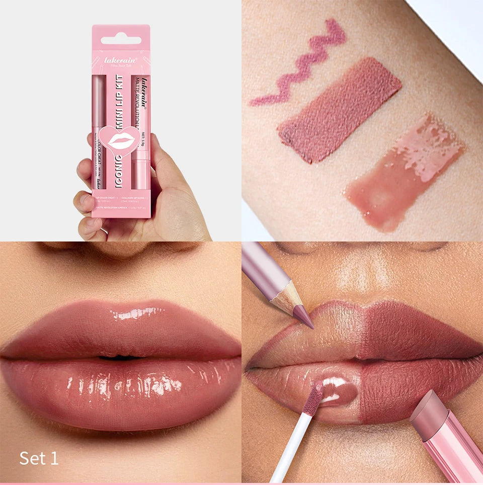 Matte Lipstick Lip Gloss Set Waterproof Nude Red Lip Liner Kit - 17