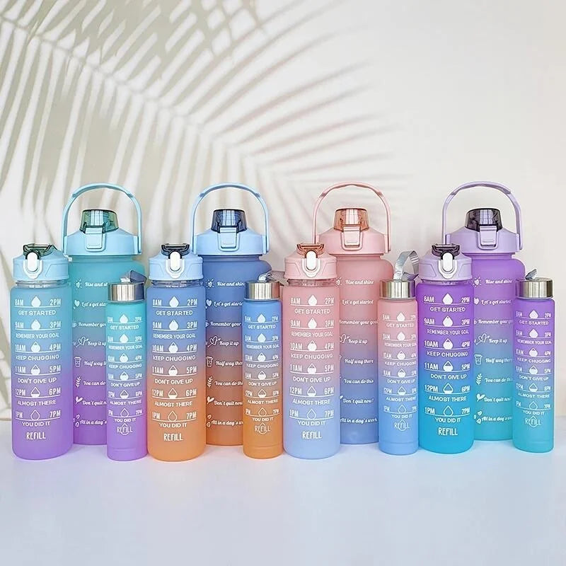 3Pc Gradient Water Bottle Set Large Fitness Motivational Jug with Straw