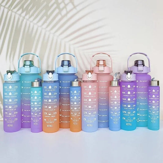 3Pc Gradient Water Bottle Set Large Fitness Motivational Jug with Straw
