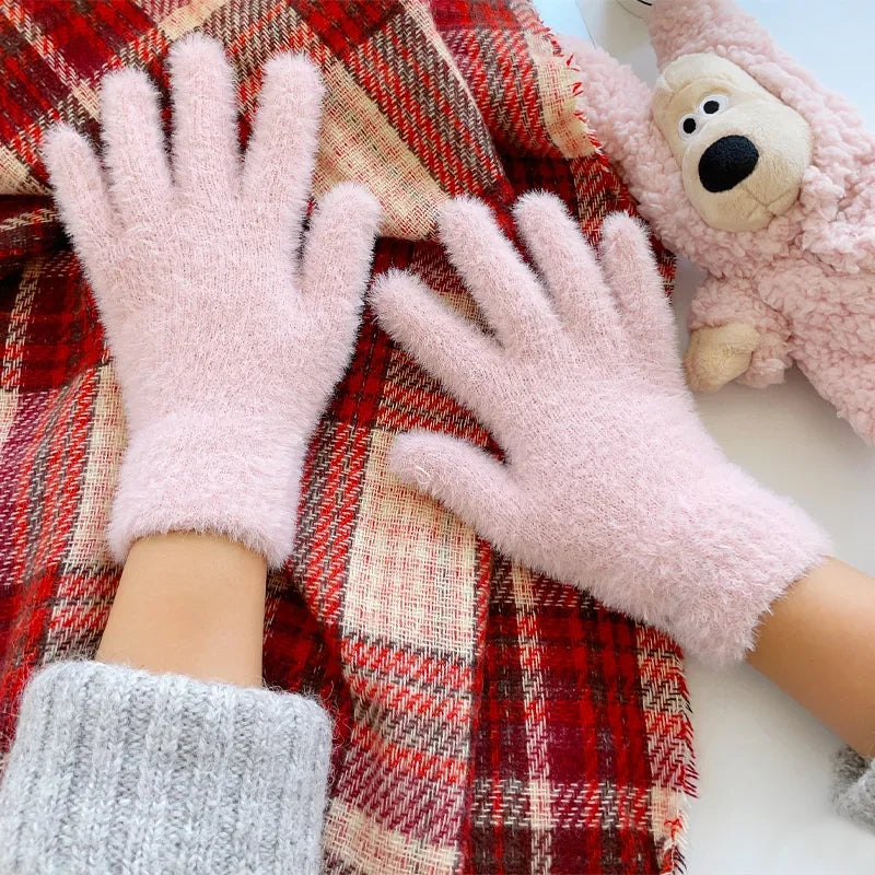 Women Winter Plush Warm Gloves Soft Five Finger Cold Proof Mittens - 12