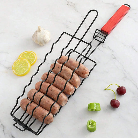 Portable Hot Dog Grill Basket with Wooden Handle Sausage BBQ Rack