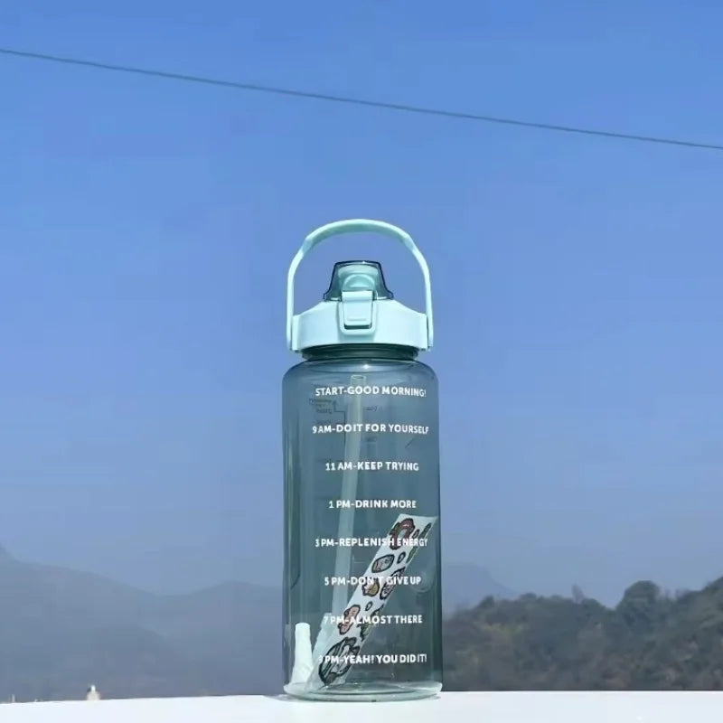 2L Large Sports Water Bottle Motivational Straw Jug Fitness Gym Cup - 18