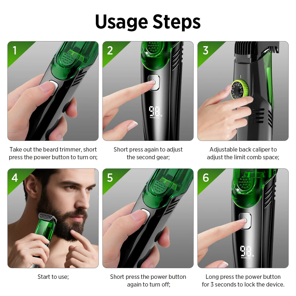 Cordless Beard Trimmer Vacuum Electric Shaver Grooming Kit - 8
