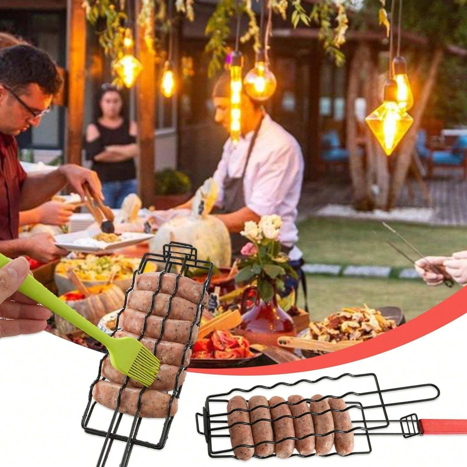 Portable Hot Dog Grill Basket with Wooden Handle Sausage BBQ Rack - 2