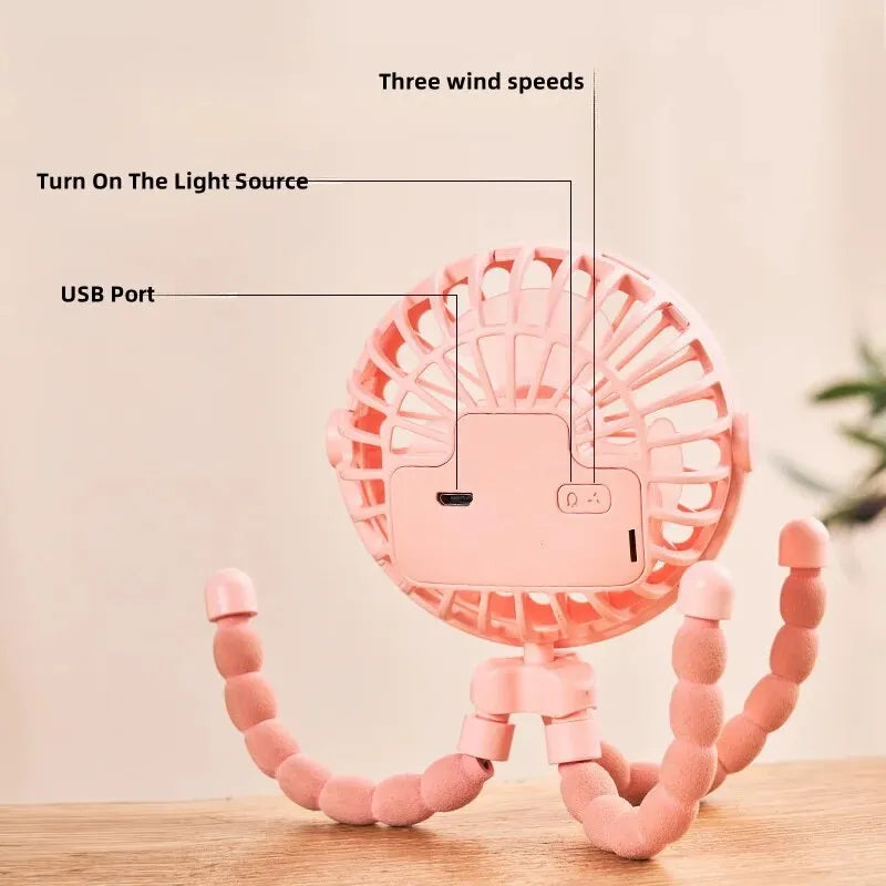 Portable Octopus Stroller Fan Flexible Tripod USB Rechargeable Mini Fan - 3