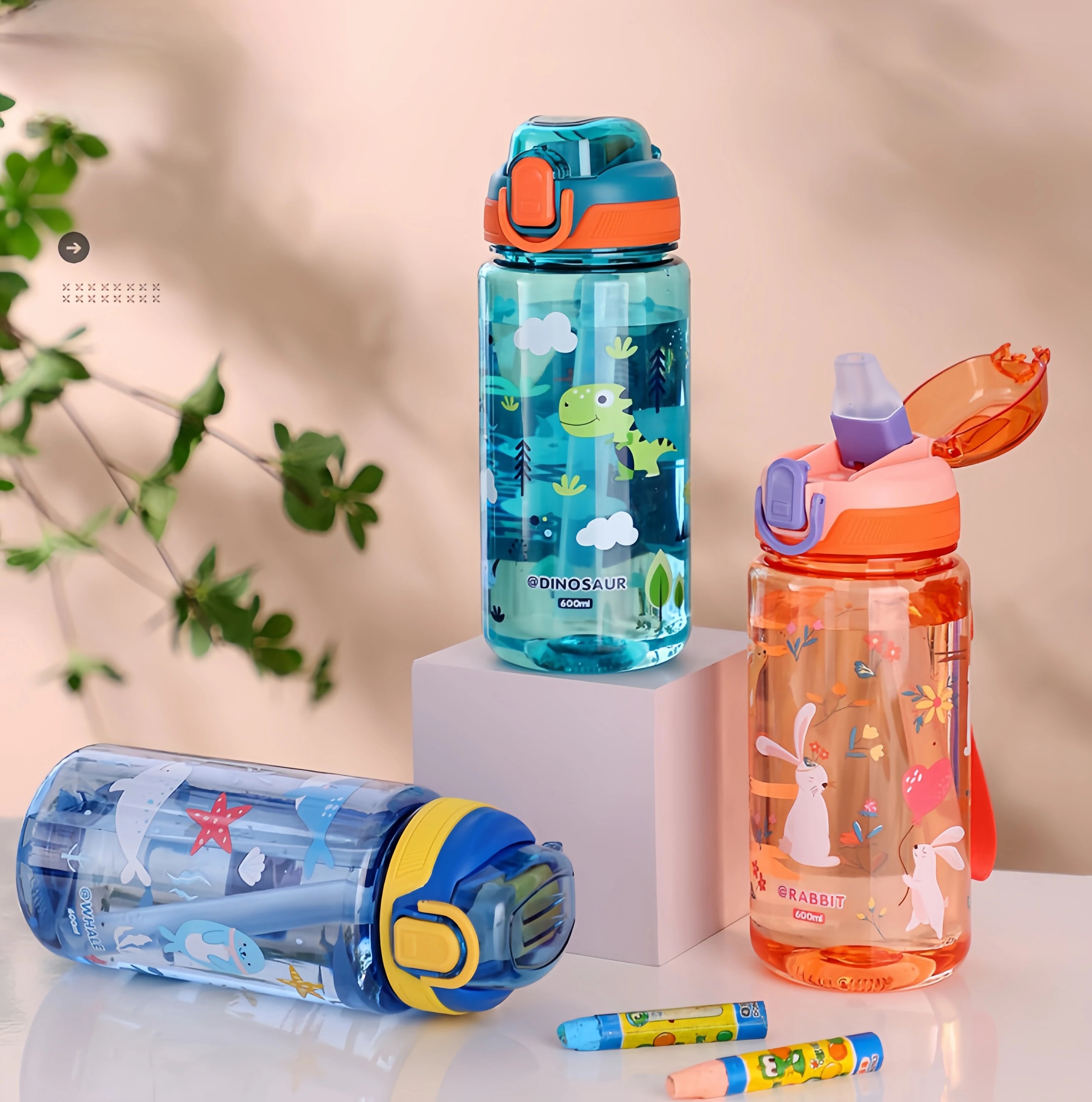 600ml Dinosaur Kids Water Bottle Leakproof Sippy Cup with Straw - 6