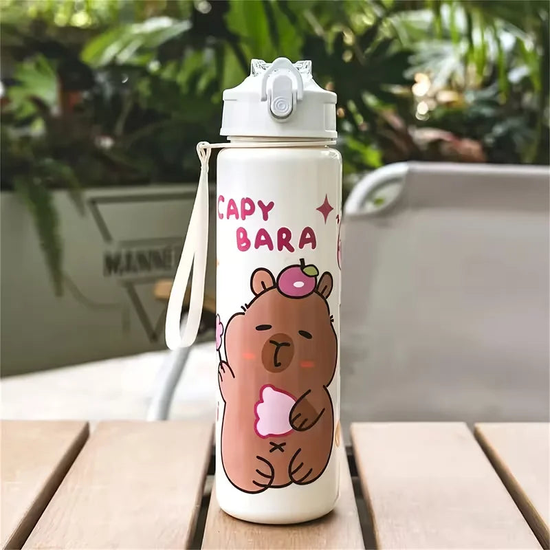 750ml Cute Capybara Water Bottle with Straw and Carrying Strap - 16