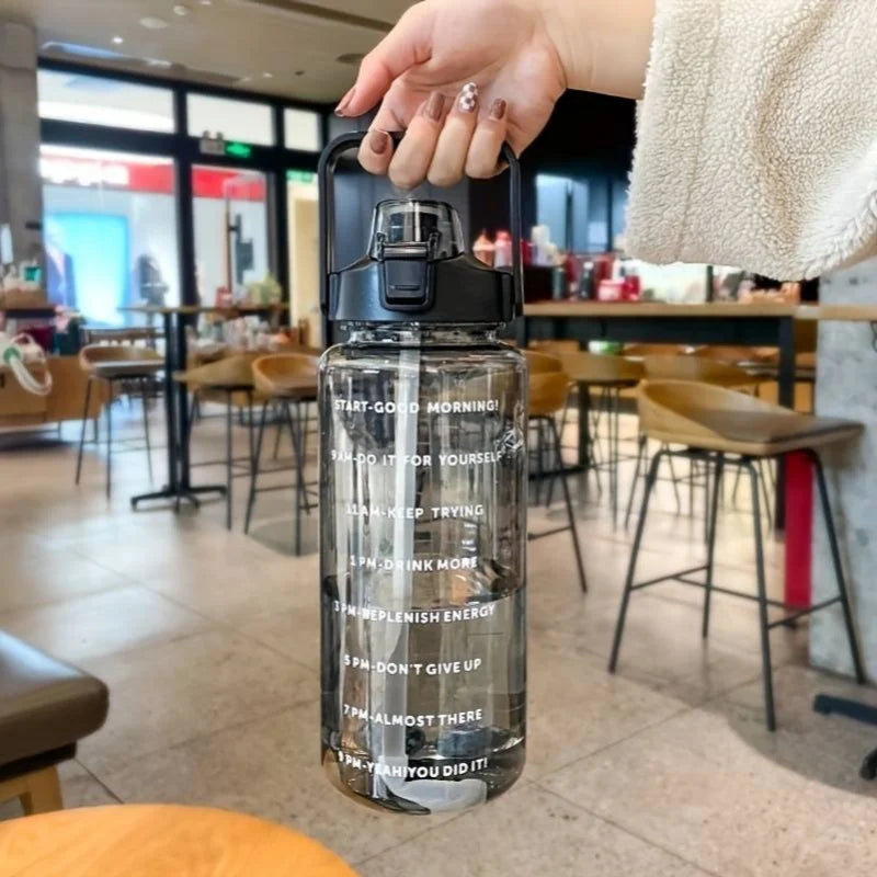 2L Large Motivational Water Bottle with Time Marker and Straw