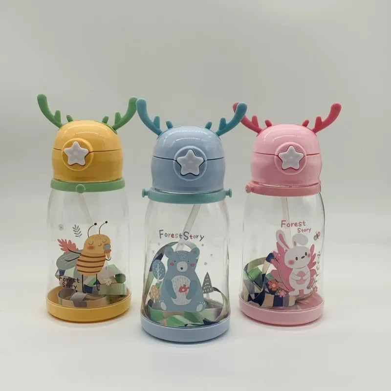 Kids Antler Straw Water Bottle Cute Cartoon Drinking Cup 600ml - 8