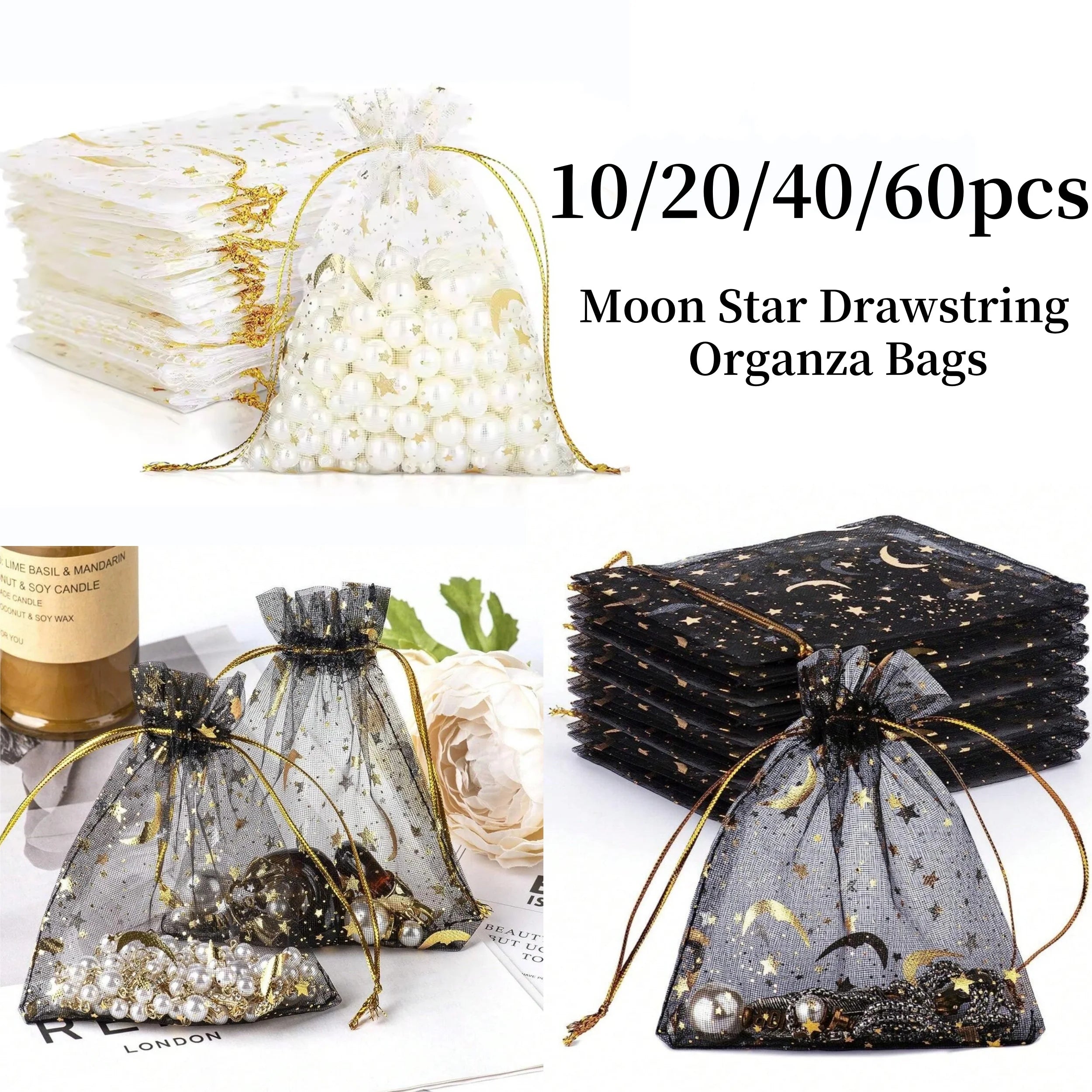 Moon and Star Organza Drawstring Gift Bags for Jewelry and Party Favors - 1