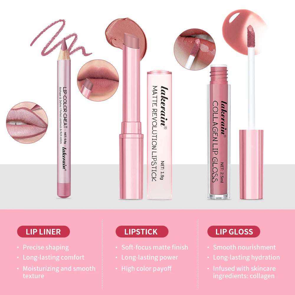 Matte Lipstick Lip Gloss Set Waterproof Nude Red Lip Liner Kit
