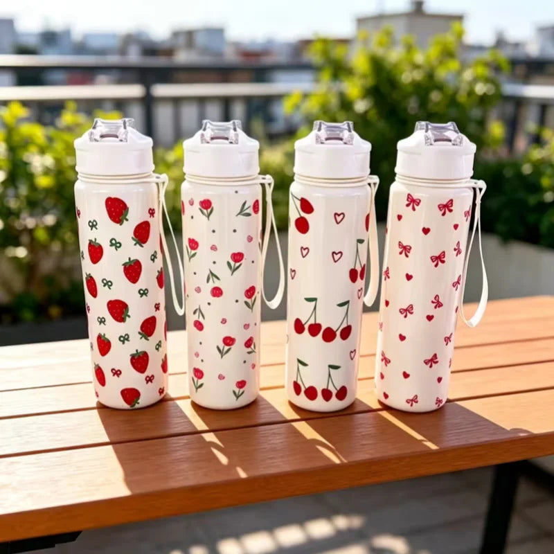 750ml Floral Strawberry Cherry Water Bottle Sports Tumbler with Straw - 9