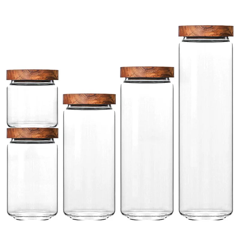 Airtight Glass Storage Jar with Wood Lid Kitchen Food Canister - 8