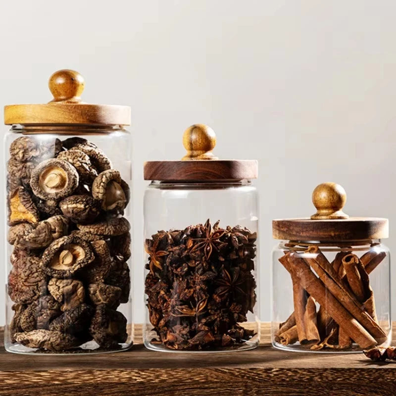 Glass Airtight Food Storage Jar with Wood Lid Kitchen Organizer Canister - 13