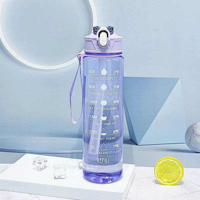 Motivational Sports Water Bottle with Time Marker and Leak Proof Straw