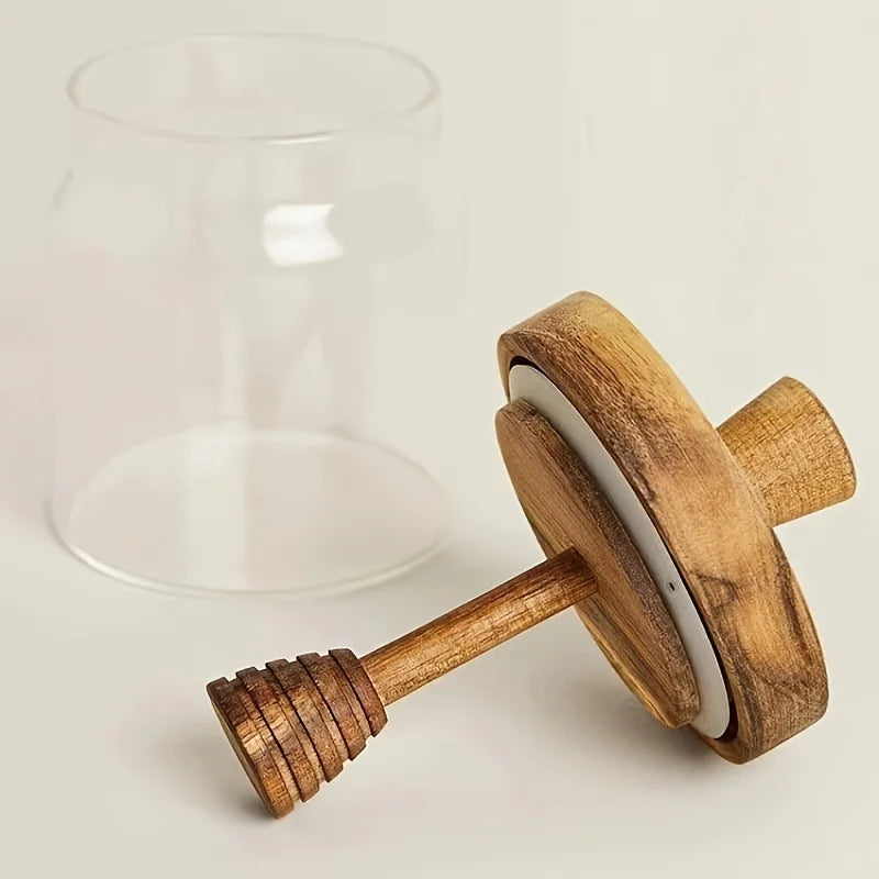 Glass Honey Jar with Wooden Dipper and Lid Syrup Storage Container