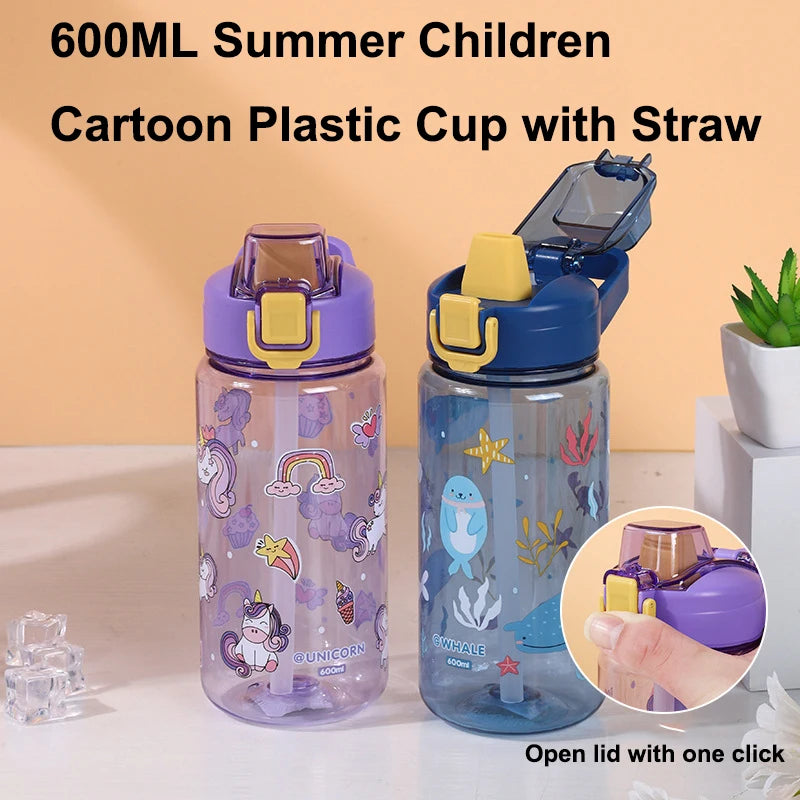 600ml Cartoon Animal Water Bottle Portable Straw Cup for Kids
