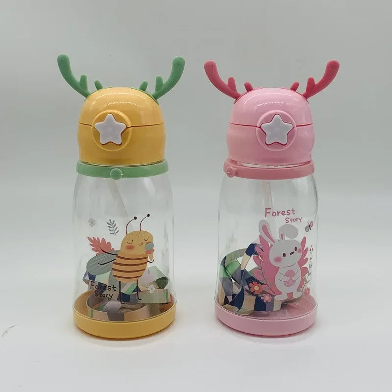 Kids Antler Straw Water Bottle Cute Cartoon Drinking Cup 600ml