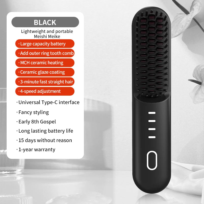 Cordless Ion Care Straight Hair Brush 4-Speed Heated Comb