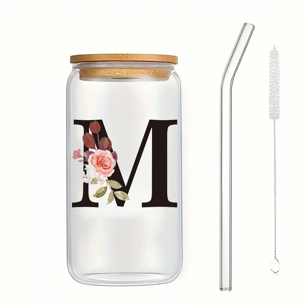 500ml Floral Alphabet Glass Cup with Bamboo Lid and Straw Coffee Mug - 26