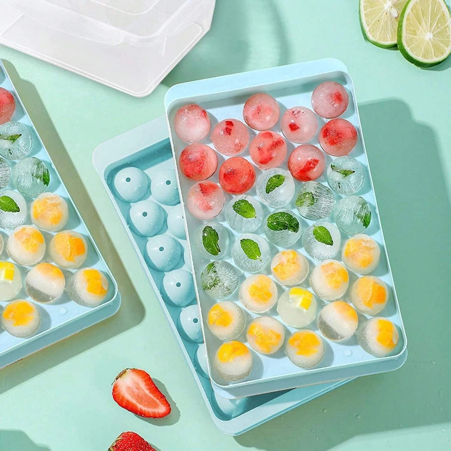 Round Ice Cube Tray Set with Storage Bin and Scoop for Whiskey Cocktail
