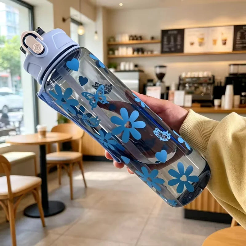750ml Floral Straw Water Bottle Aesthetic Sport Cup with Carry Handle - 14