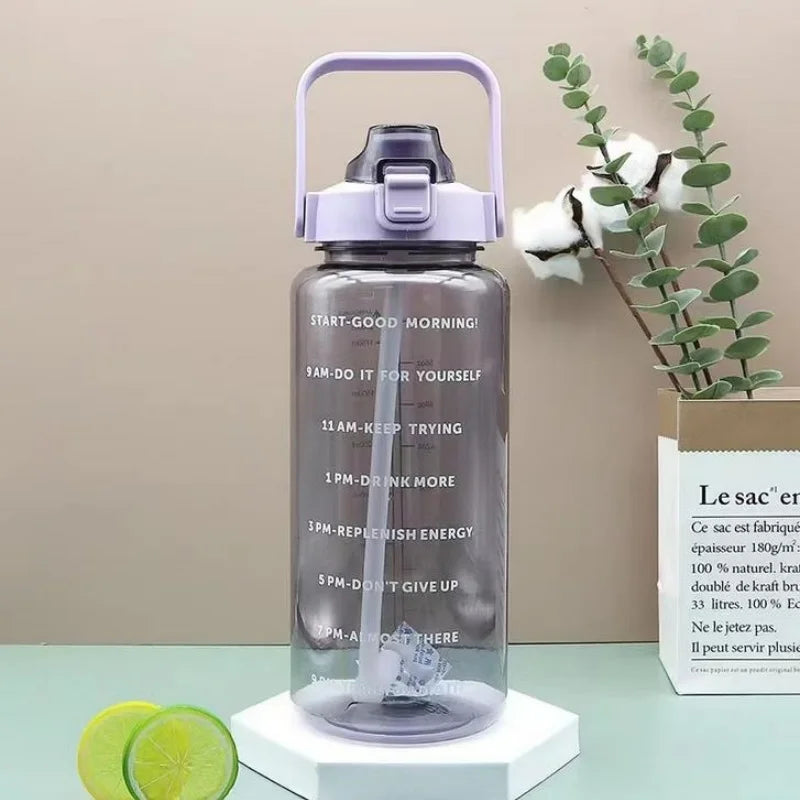 2L Motivational Water Bottle with Straw Time Marker Fitness Sports Jug