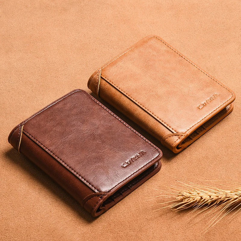 Mens Leather Wallet Trifold Card Holder Multifunctional Vertical Purse