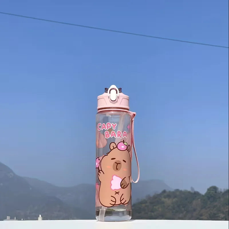 750ml Cute Capybara Water Bottle with Straw and Carrying Strap