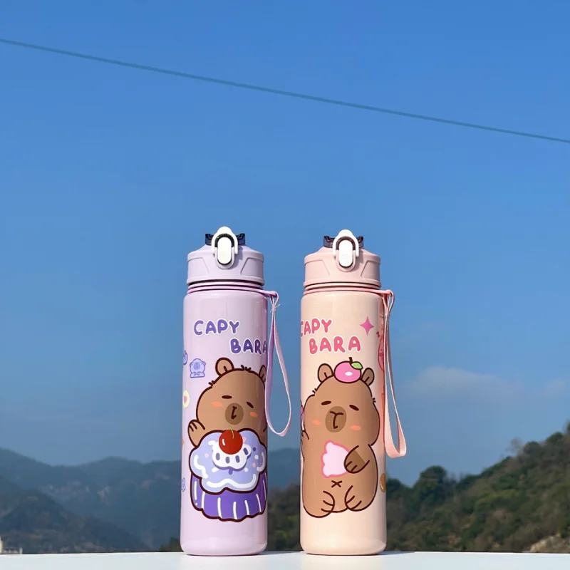 Cute Capybara Water Bottle Large Capacity Sports Cup with Straw and Strap - 3