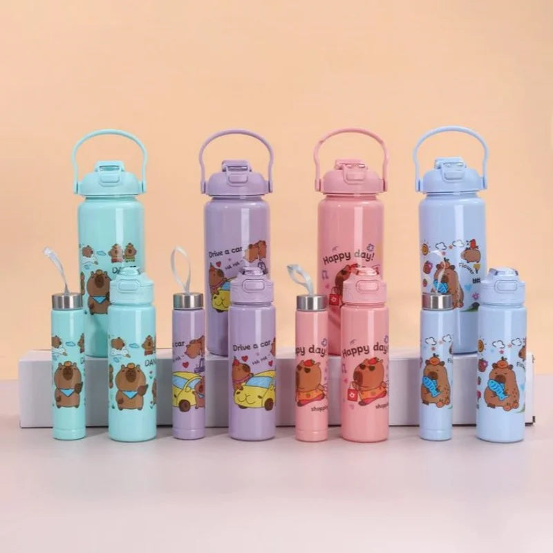 3Pcs Capybara Motivational Water Bottle Set Portable Sports Jugs - 2
