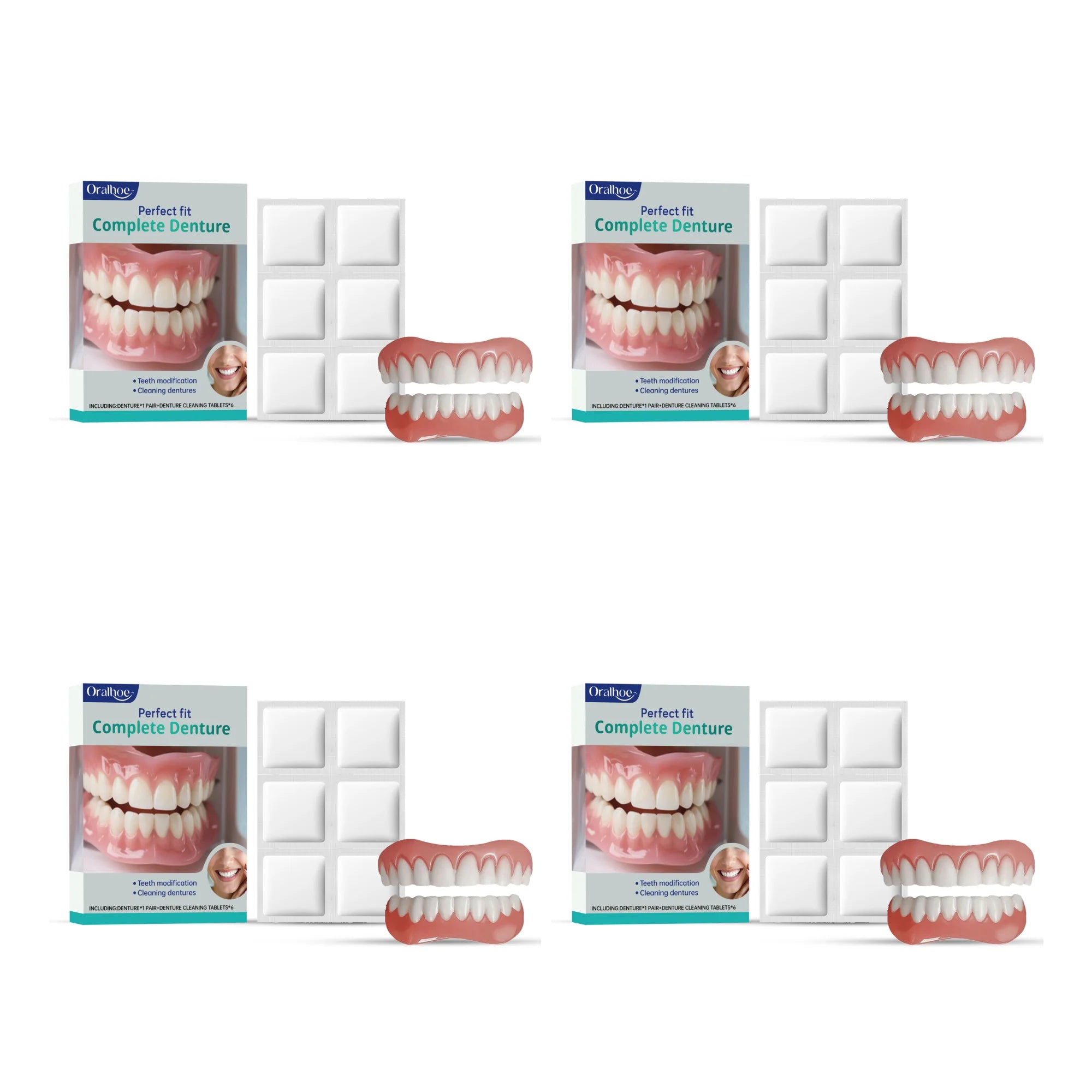 Oralhoe Cosmetic Denture Kit Upper and Lower Teeth with Cleaning Tablets - 14