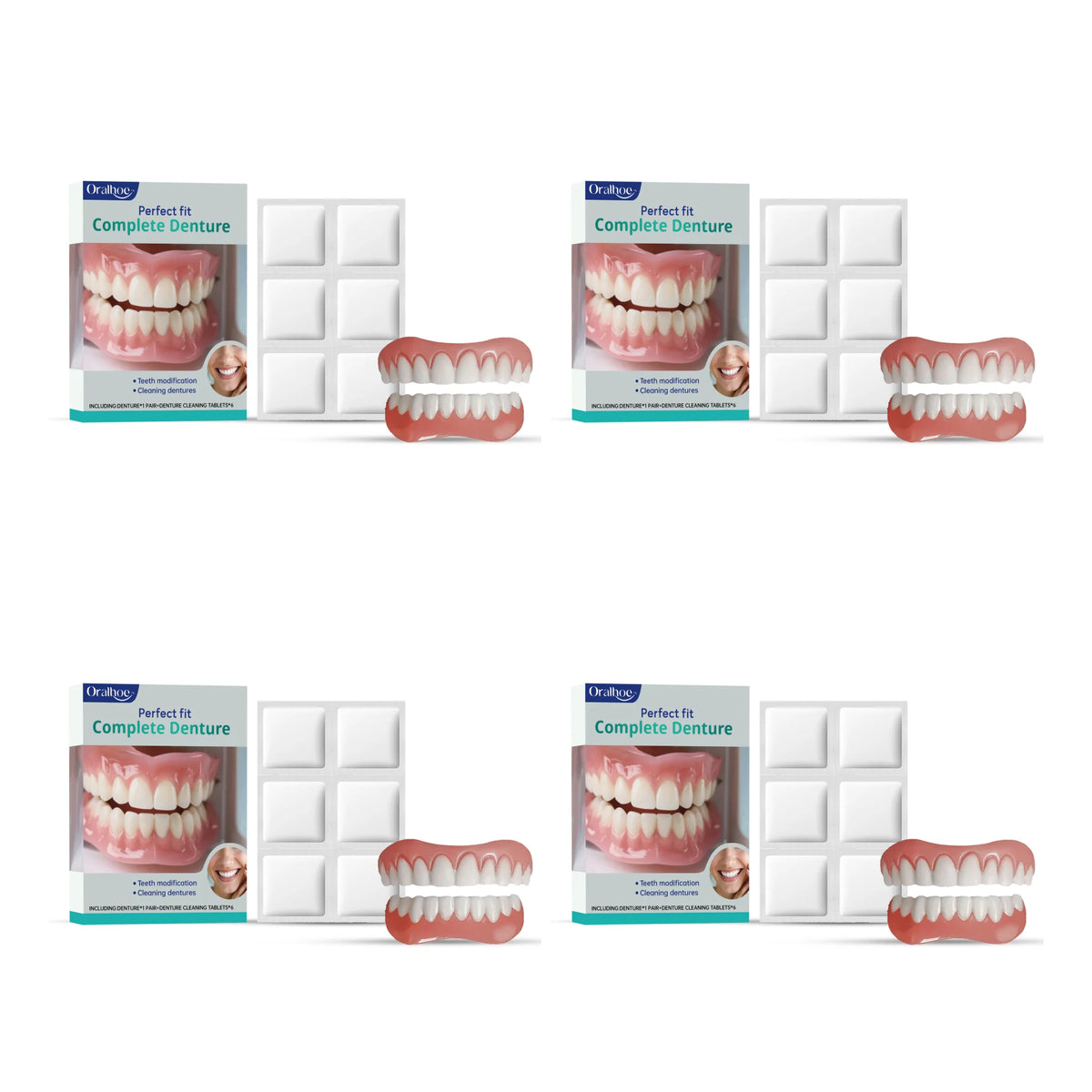 Oralhoe Cosmetic Denture Kit Upper and Lower Teeth with Cleaning Tablets