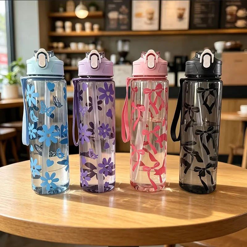 750ml Floral Straw Water Bottle Aesthetic Sport Cup with Carry Handle - 6