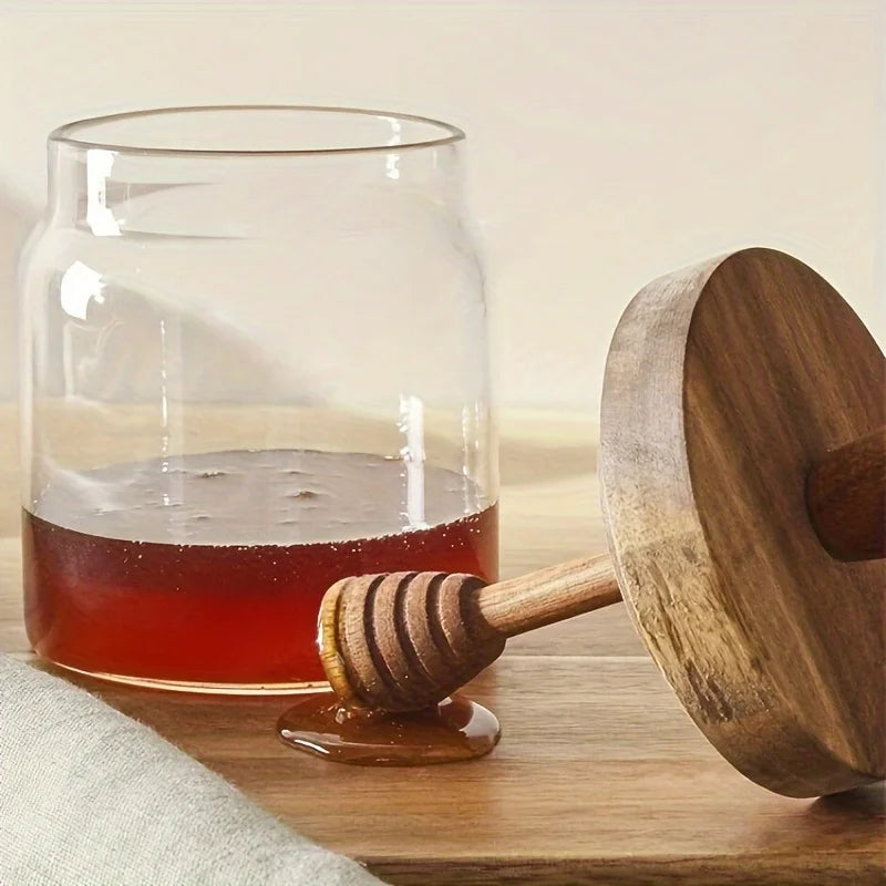 Glass Honey Jar with Wooden Dipper and Lid Syrup Storage Container - 13