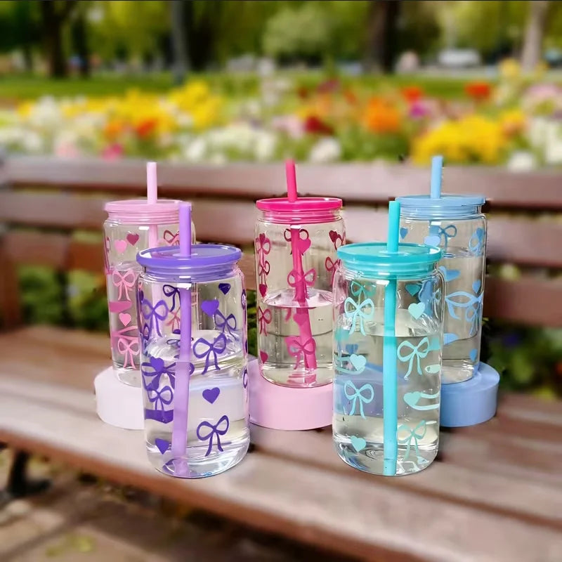 480ml Cute Bowknot Water Bottle with Straw BPA Free Reusable Drink Cup - 1