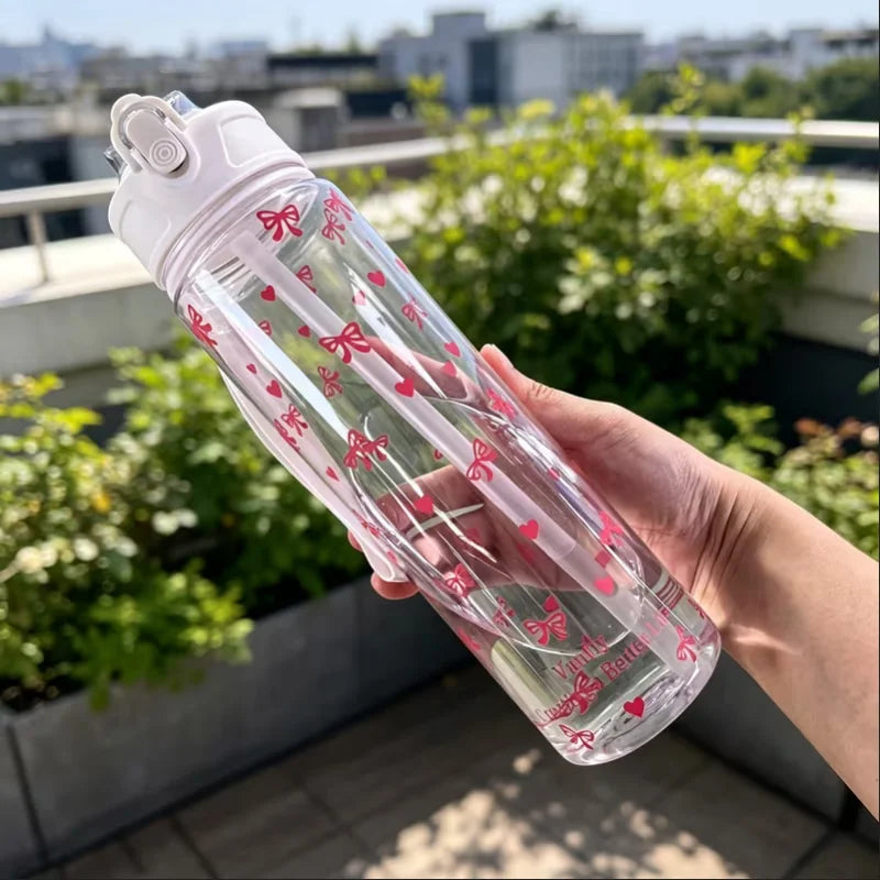 750ml Floral Strawberry Water Bottle Leak Proof Straw Tumbler with Handle