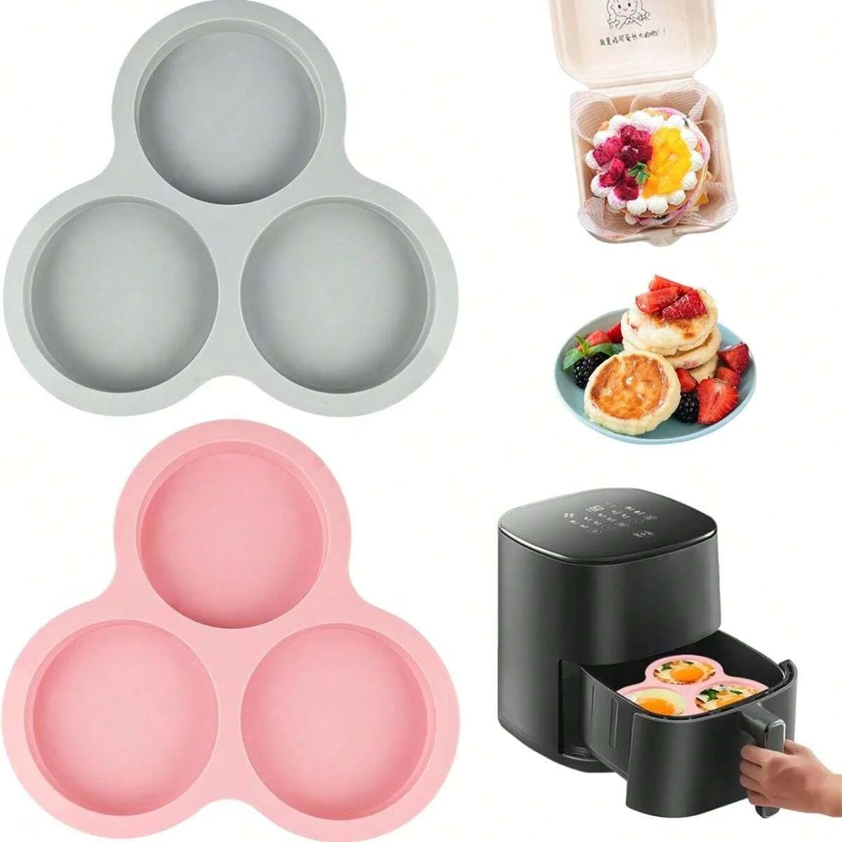 Silicone Air Fryer Mold 3 Cavity Muffin Cupcake Baking Pan Tray