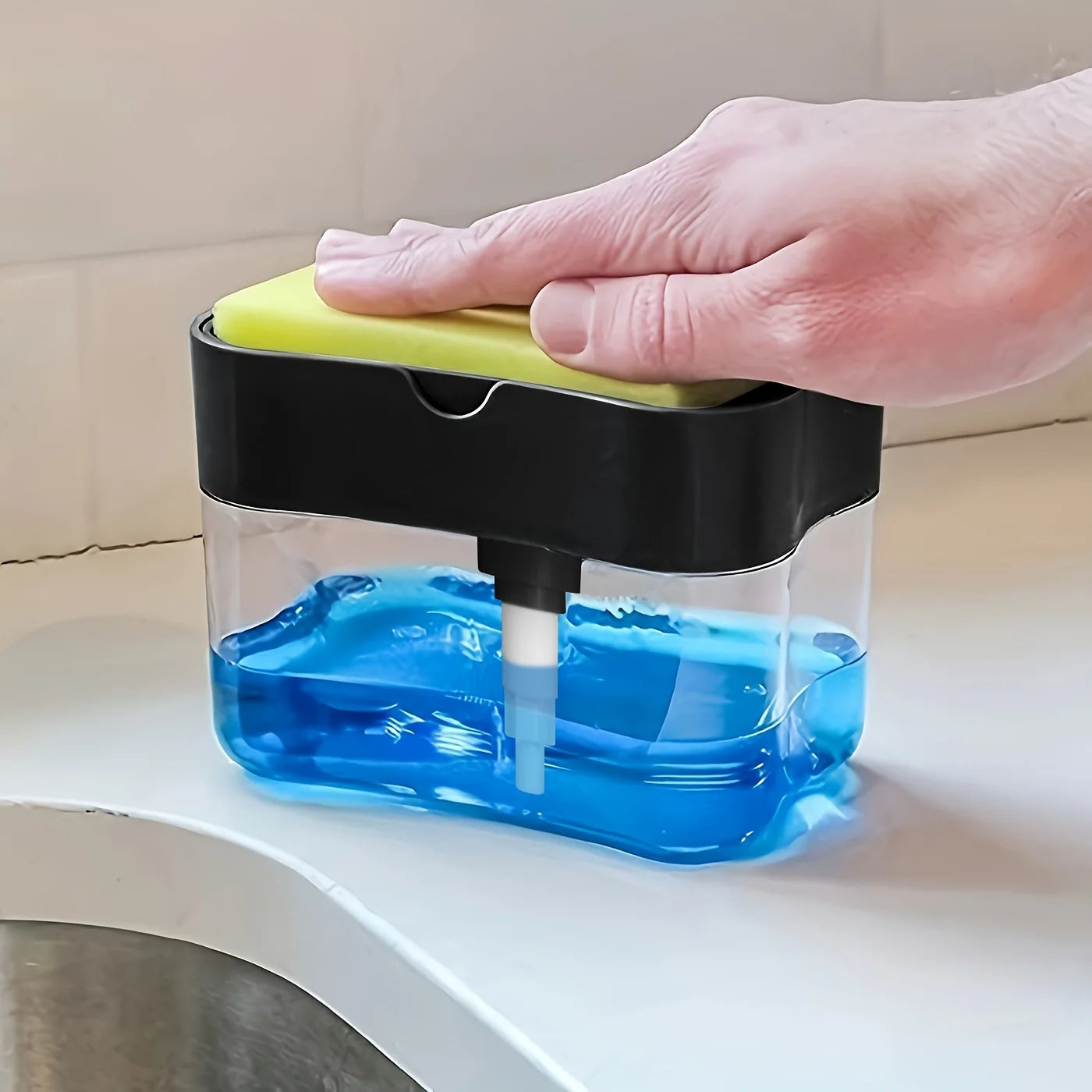 Soap Dispenser with Sponge Holder Manual Press Kitchen Dishwashing Pump