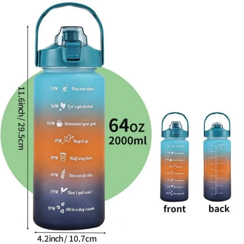 2L Motivational Water Bottle with Straw Leakproof Gym Sports Jug