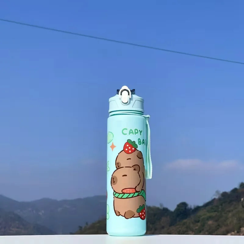 750ml Cute Capybara Water Bottle with Straw and Carrying Strap - 19