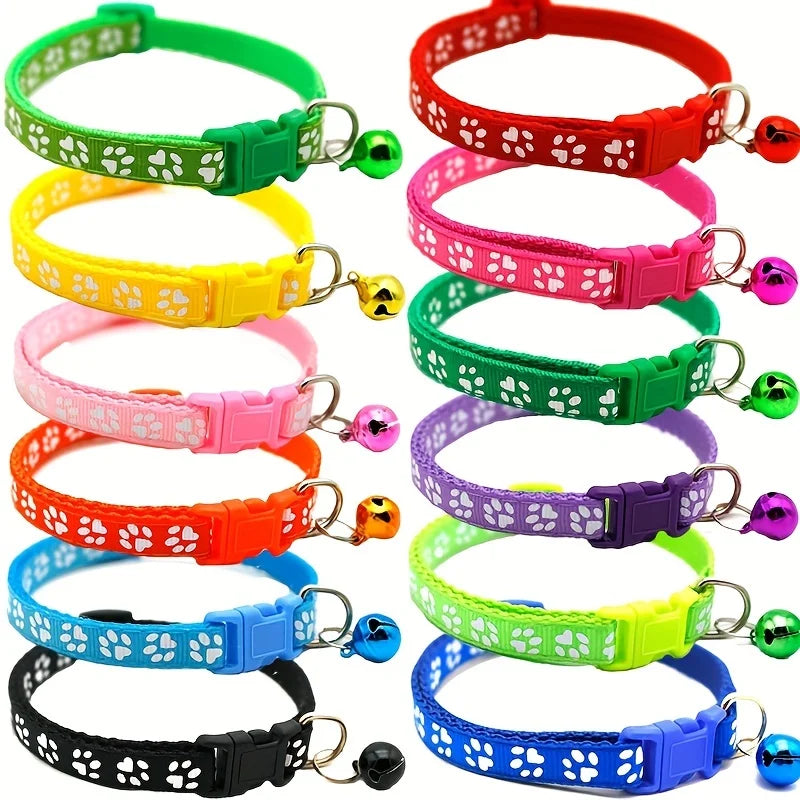 Adjustable Dog Cat Collar with Paw Print Pattern and Safety Bell - 4